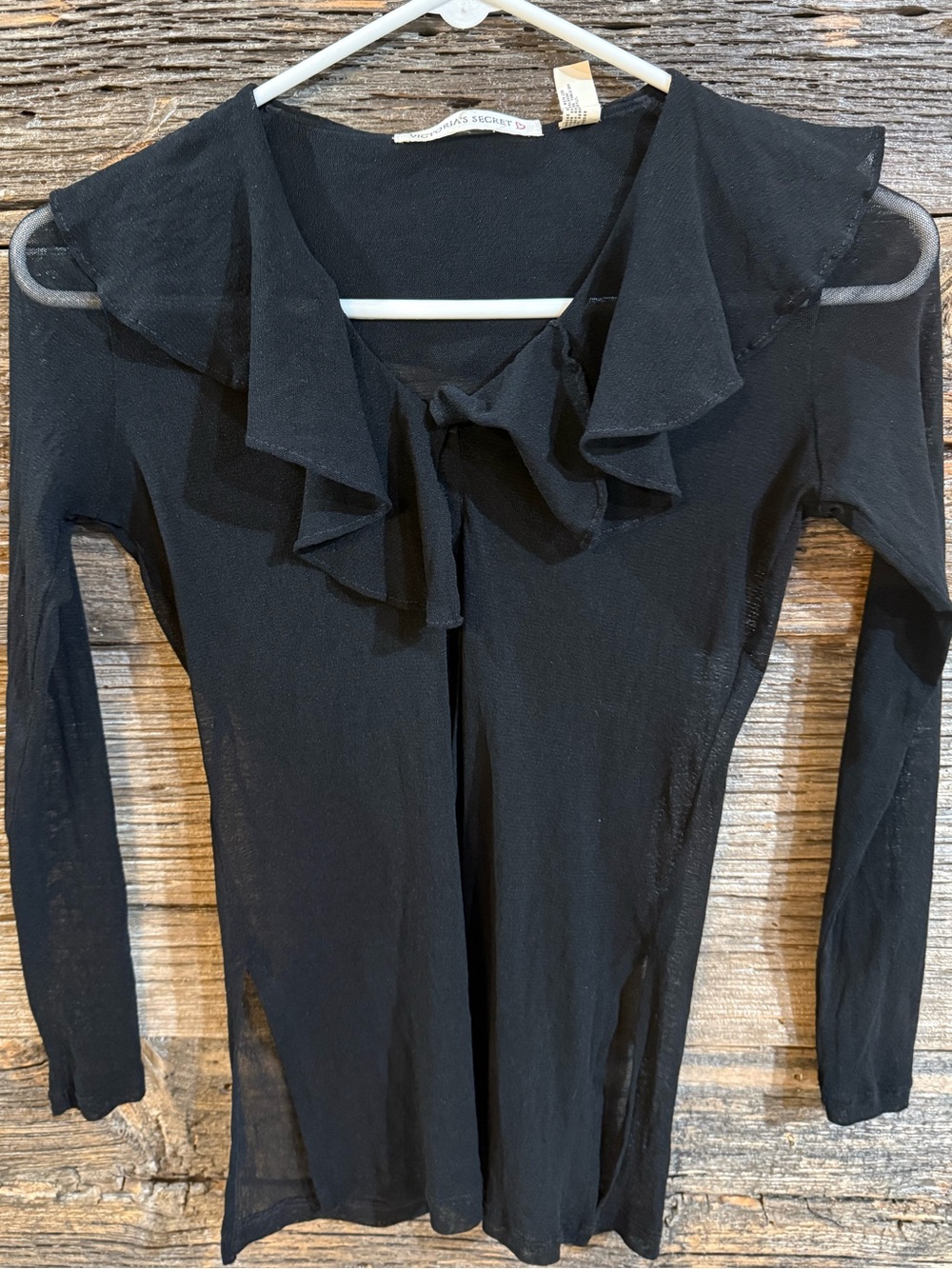 Victoria's Secret Black Sheer Ruffle Neck Long Sleeve layering Blouse